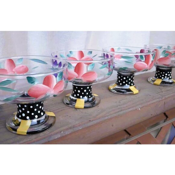 Whimsical Set of 4 Hand Painted Flowers Glass Dessert, Compote, Ice Cream Bowls - Picture 4 of 10